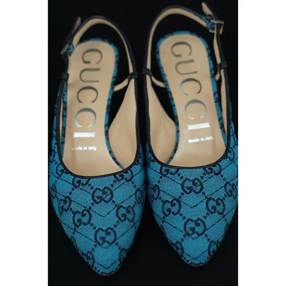Gucci Charlotte Blue Canvas GG Strap Pointed Toe Slingback Pumps Size 37 $695
